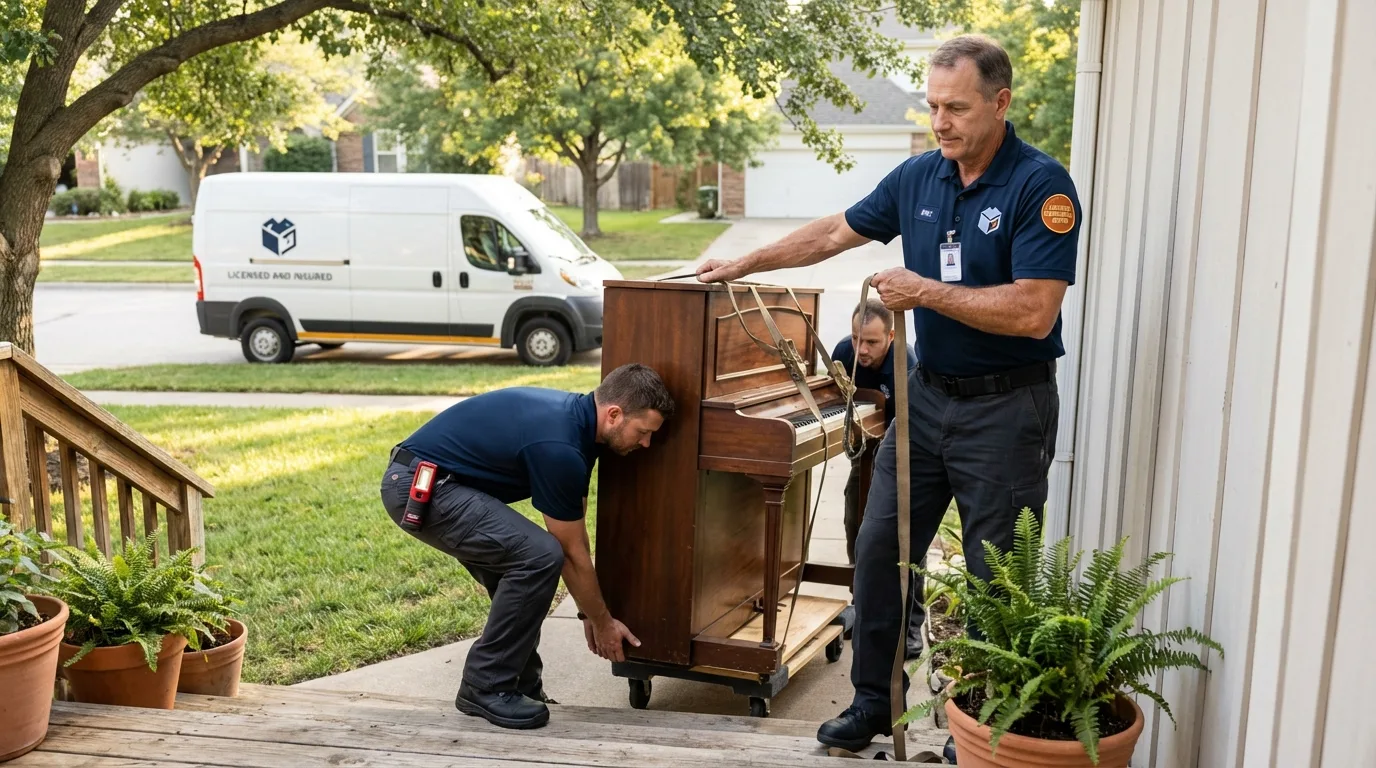 Licensed piano movers securing grand piano in Southfield, MI