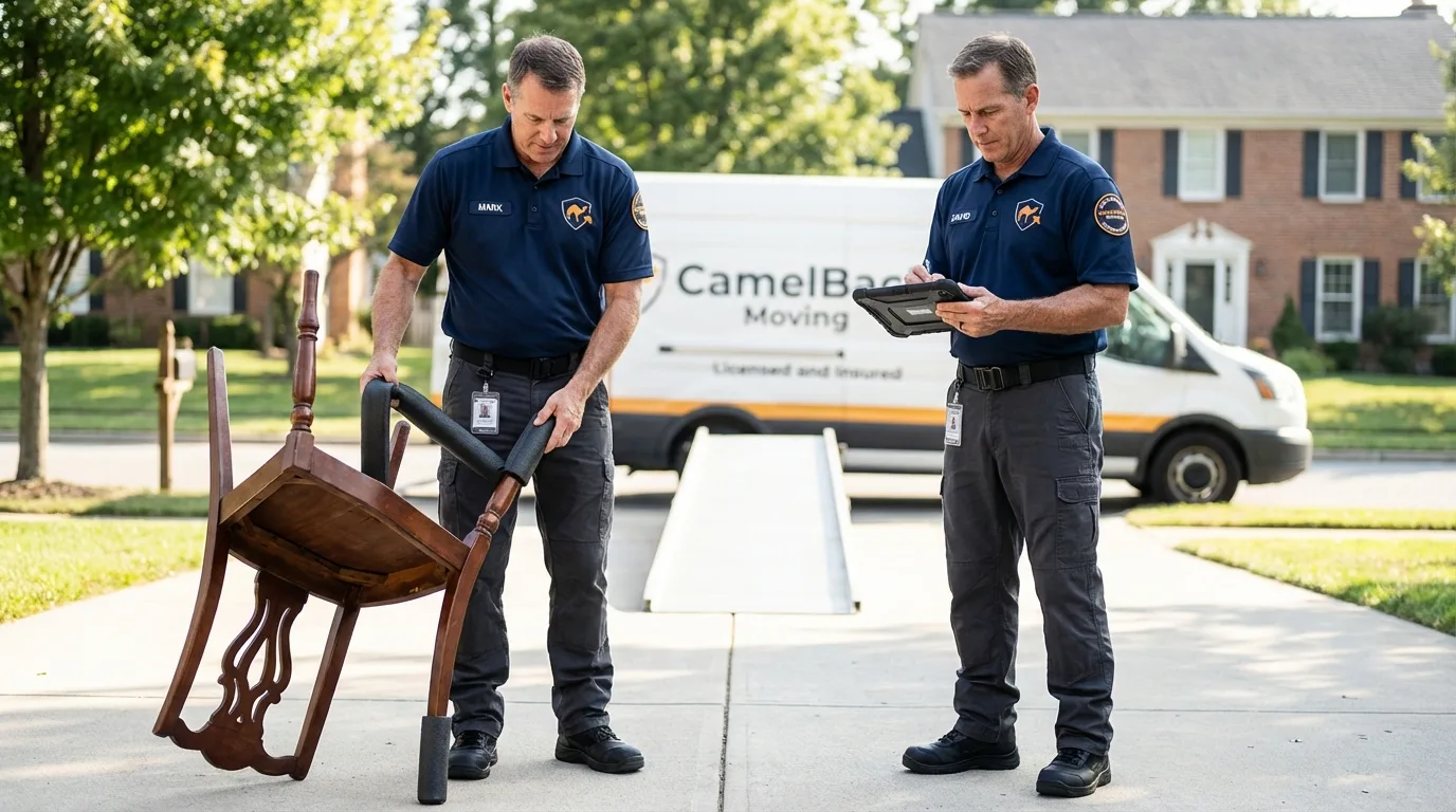 Movers inspecting furniture for damage prevention before loading in Southfield, MI