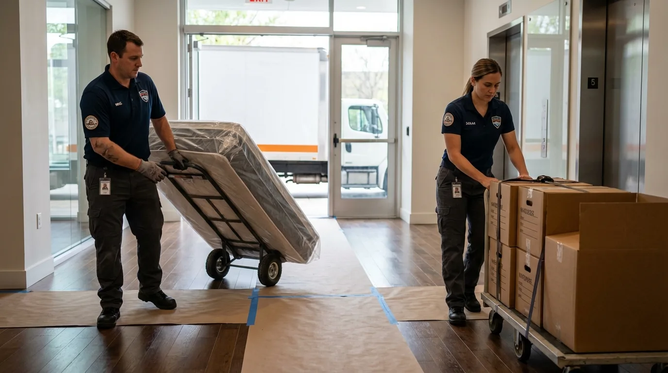 Professional apartment movers loading elevator in Southfield, MI